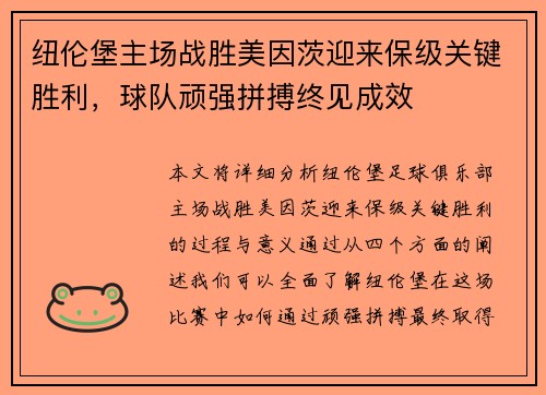纽伦堡主场战胜美因茨迎来保级关键胜利，球队顽强拼搏终见成效